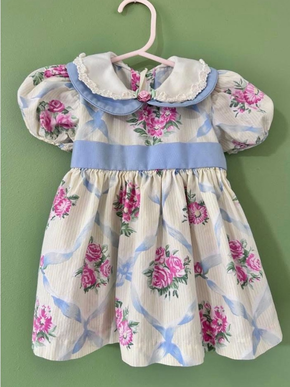 Classic Pink Floral & Blue Trim Girls Dress with Peter Pan Collar